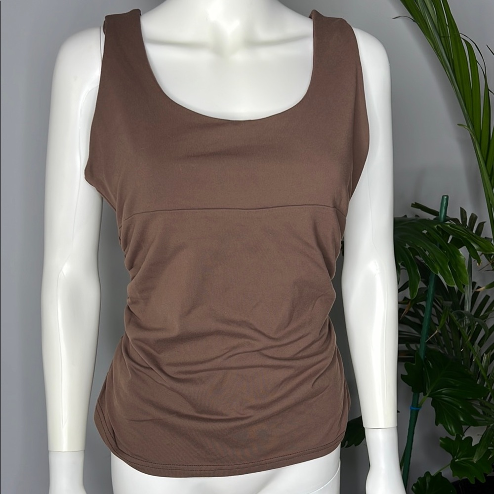 Prana Brown Ruched Sleeveless Sports Build in Bra Tank Size L Brown